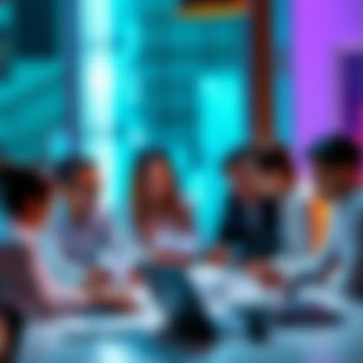 A small group of business professionals reviewing documents and discussing AI integration around a table with laptops.