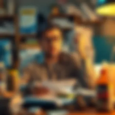 Small Business Struggling with Inflation A small business owner looks worried while reviewing rising bills and expenses at a cluttered desk, surrounded by products and paperwork.