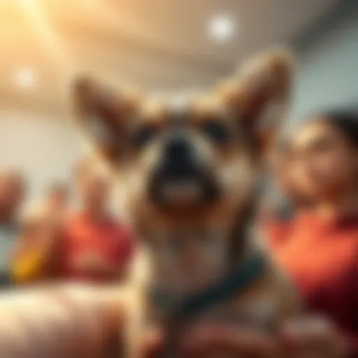 A small, scruffy dog looking up with bright eyes, radiating warmth and resilience, surrounded by people showing love and support.