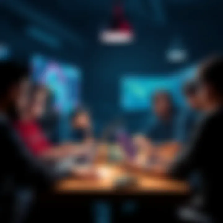 A group of diverse game developers collaborating on a project in a small studio environment, discussing ideas and working on laptops.