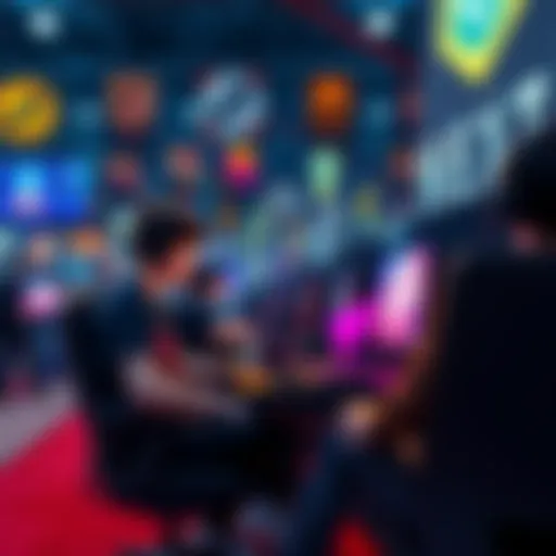 A small game development team working on a demo for their cosmic horror game, Emotionless: The Last Ticket, in a lively event space filled with game posters and players.