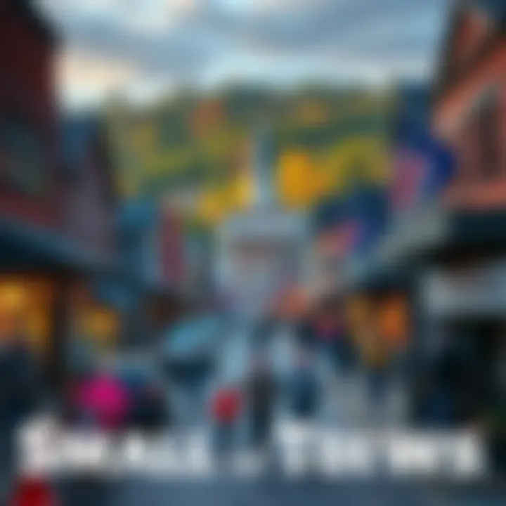 A vibrant small town with bustling streets and friendly faces, showcasing the contrast between small and large populations, highlighting connections among residents.