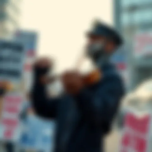 A person plays a tiny violin, symbolizing humor and criticism of monopolies in AI, surrounded by signs advocating for free AI technologies.