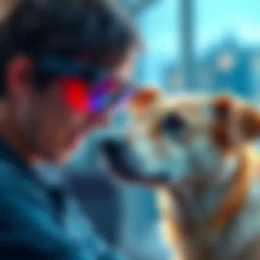 A person wearing smart glasses while interacting with a dog, showing expressions of curiosity and surprise as they listen to translations of the pet's sounds.