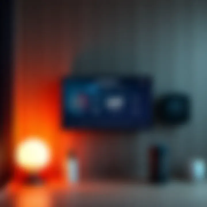 A smart home interface showing temperature controls and Alexa integration on a digital display