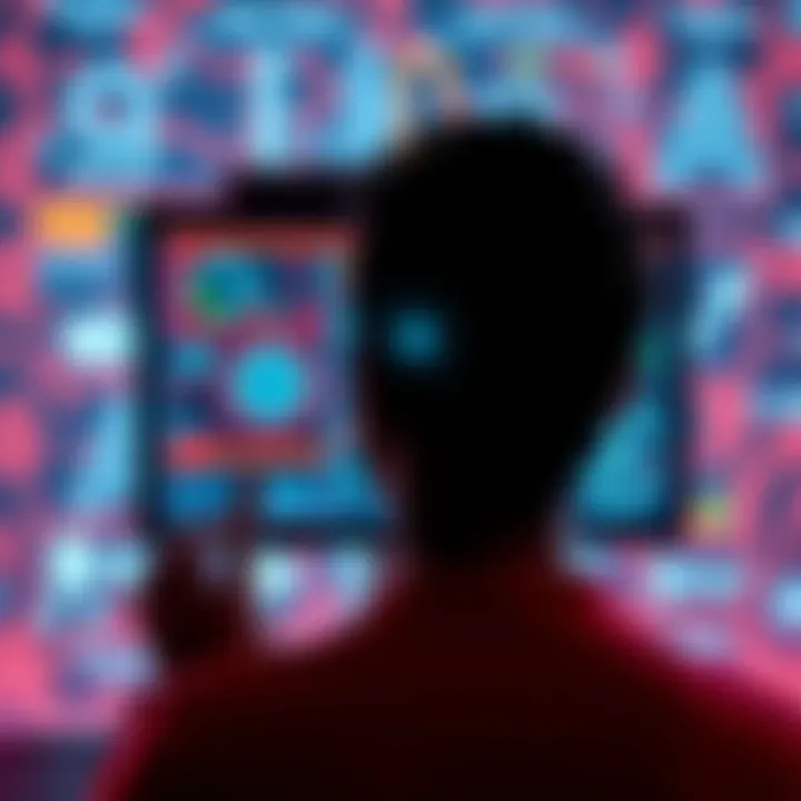 Smart Technology and Ethics A person looking at a computer screen displaying AI-related graphics, contemplating the ethical implications of technology.