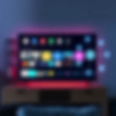 A smart TV displaying various streaming apps, connected to a network symbol illustrating data tracking and ad reduction.