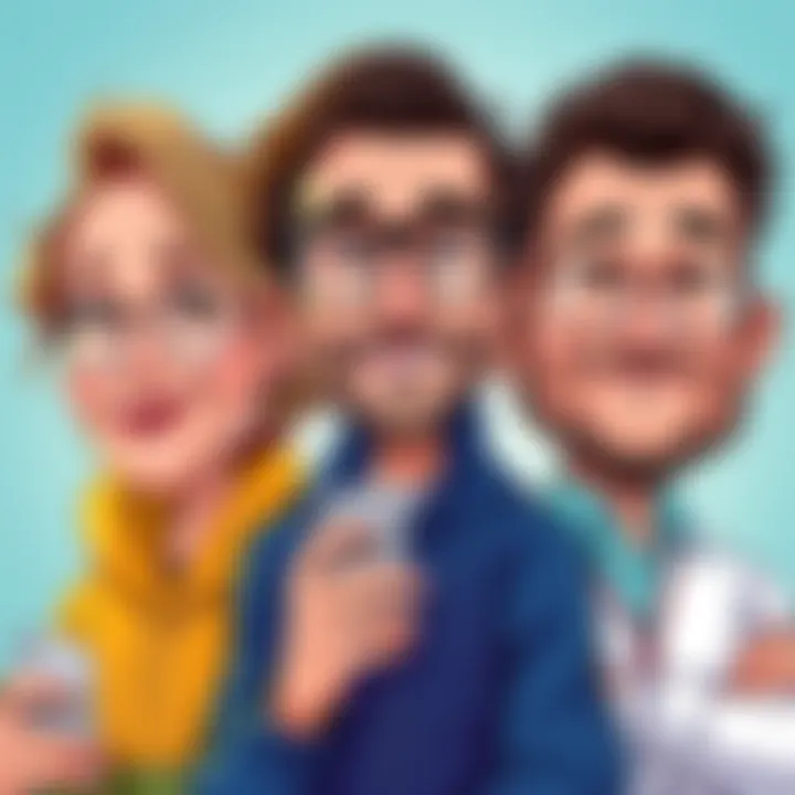 A colorful illustration showing humorous caricatures of Apple iPhone, Samsung Galaxy, and Google Pixel users, each with distinct traits and expressions that represent their brand loyalty.