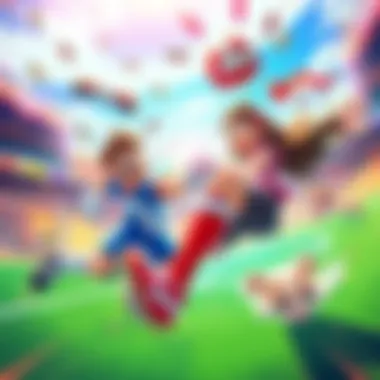 Smash Bros Inspired Sports Game A colorful scene showing characters from a game similar to Smash Bros playing volleyball and football, blending elements of both sports with energetic movements and vibrant backgrounds.