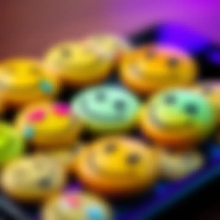 A close-up of various smiley face emojis representing different emotions, placed on a smartphone screen.