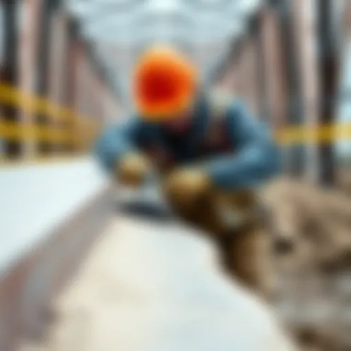 A construction worker smoothing the edges of a bridge with a tool, removing sandy edges for a clean finish.
