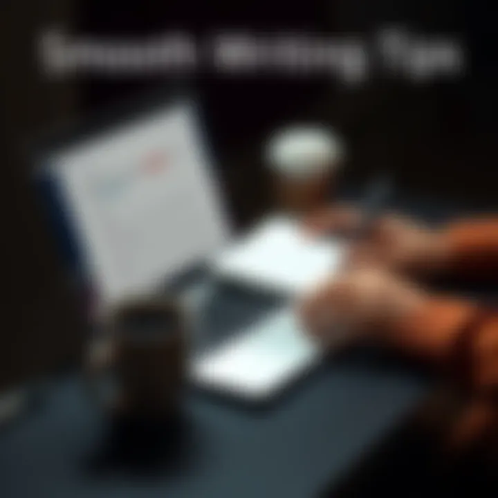 Person typing on a laptop with notes and a coffee cup, focusing on improving writing style with AI assistance.