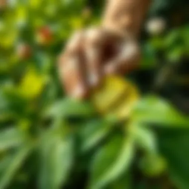 A person gently rubbing a plant leaf to remove texture, showing smooth foliage