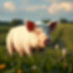 A pig named Snowball working calmly in a lush field, reflecting on his past while surrounded by nature, symbolizing peace and legacy