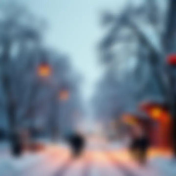 A serene view of streets covered in fresh snow, showcasing trees and houses blanketed in white, with people enjoying the winter scenery.