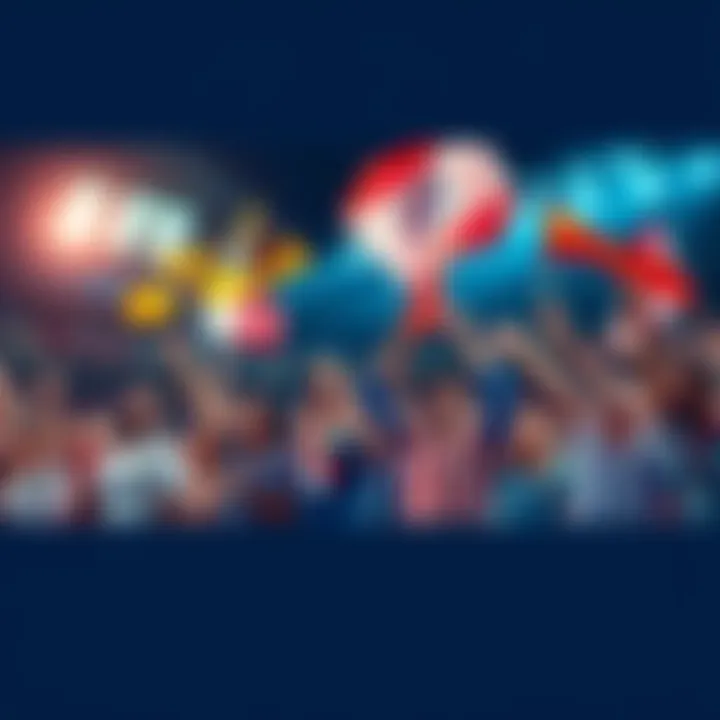 A lively group of soccer fans waving team flags and cheering in a stadium.