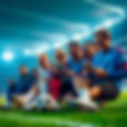 A group of soccer fans excitedly discussing ticket options on their devices, with a soccer stadium in the background, showcasing their use of AI to beat scalpers for World Cup tickets.