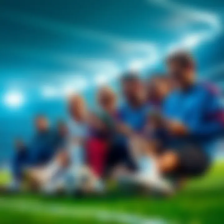 A group of soccer fans excitedly discussing ticket options on their devices, with a soccer stadium in the background, showcasing their use of AI to beat scalpers for World Cup tickets.