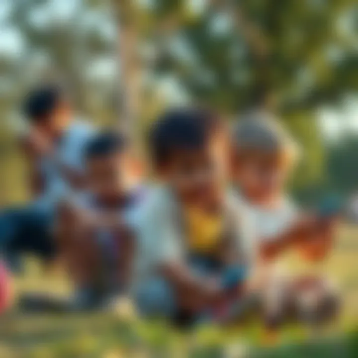 A group of children playing outside while adults are using smartphones in the background, highlighting the debate on social media access restrictions for adults.