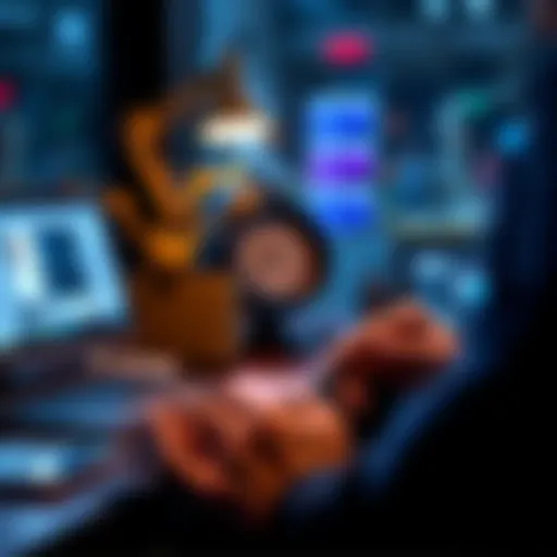 A person sitting at a desk, looking at a smartphone with automated social media notifications appearing on the screen