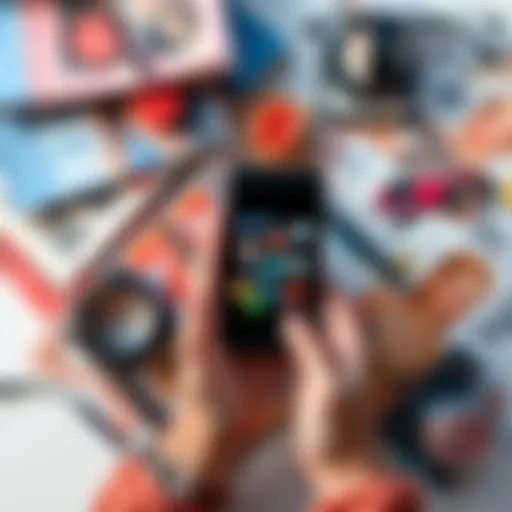 A person holding a phone with social media icons, surrounded by books, magazines, and beauty products, showing tools for content creation.