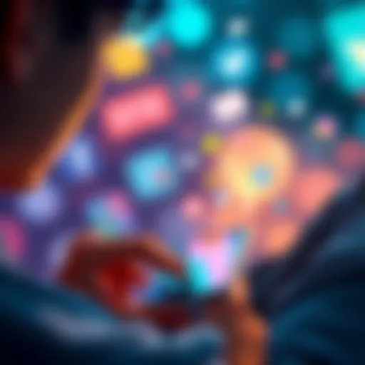 A person scrolling through a smartphone with social media icons floating around, highlighting the allure and distraction of social media