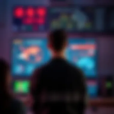 A social media influencer standing in front of a computer screen displaying AI-related graphics, emphasizing a narrative against Chinese AI.
