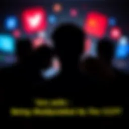 A graphic showing social media icons with a silhouette of a person being influenced by shadows representing the CCP.