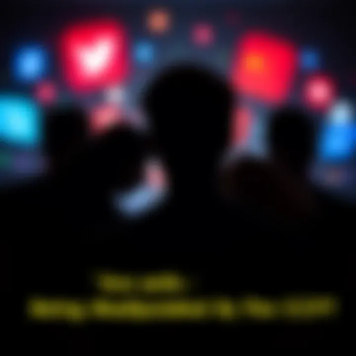 A graphic showing social media icons with a silhouette of a person being influenced by shadows representing the CCP.
