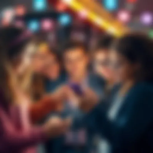 A group of diverse young people discussing their political views while using smartphones, surrounded by social media icons.