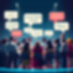A group of people discussing social media trends with speech bubbles showing popular phrases.