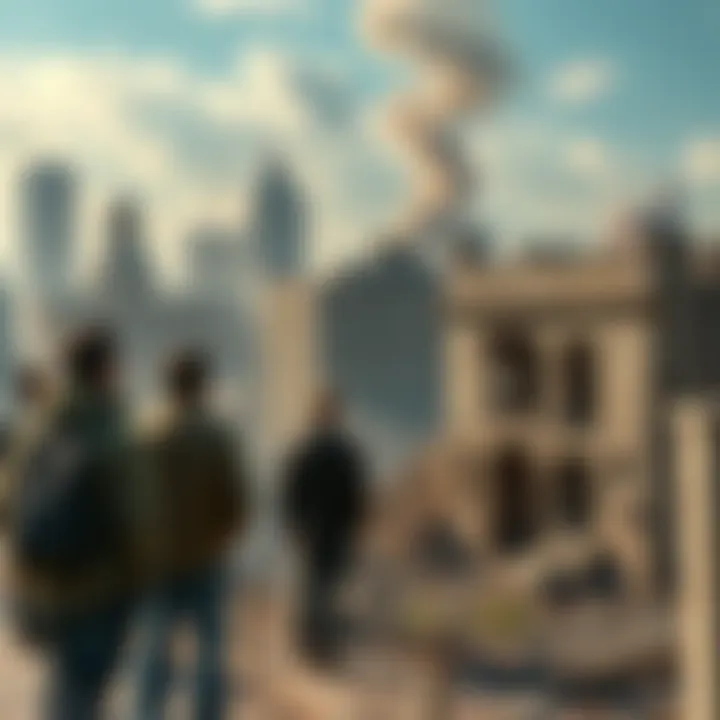 A group of people observing a deteriorating urban area, reflecting cultural decline.