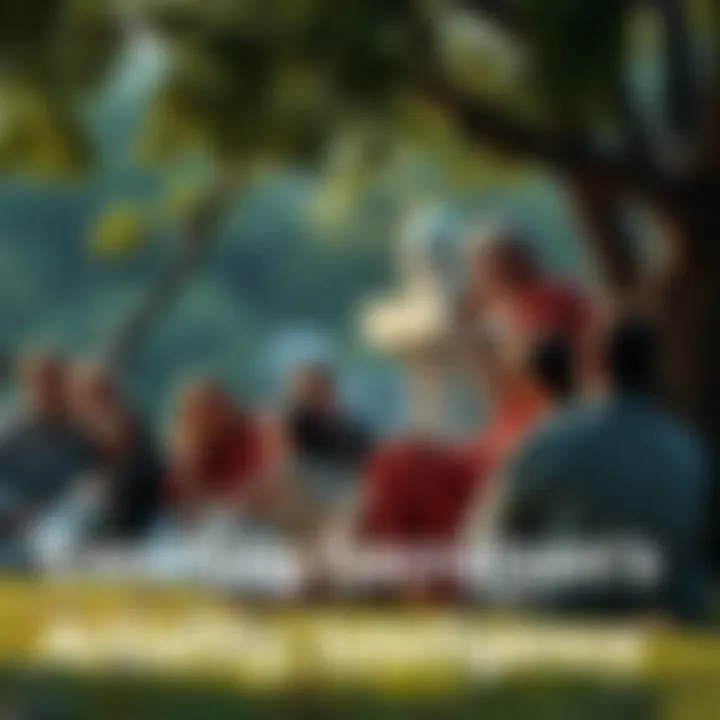 Socrates sitting under a tree with a laptop, discussing education with a group of people.