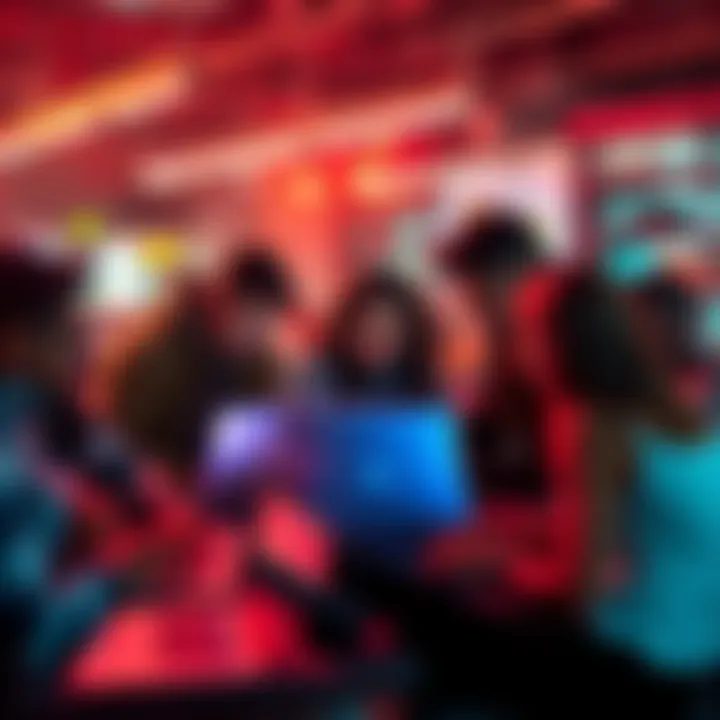 A diverse group of people collaborating over laptops, showcasing the shift in software development and technology accessibility.