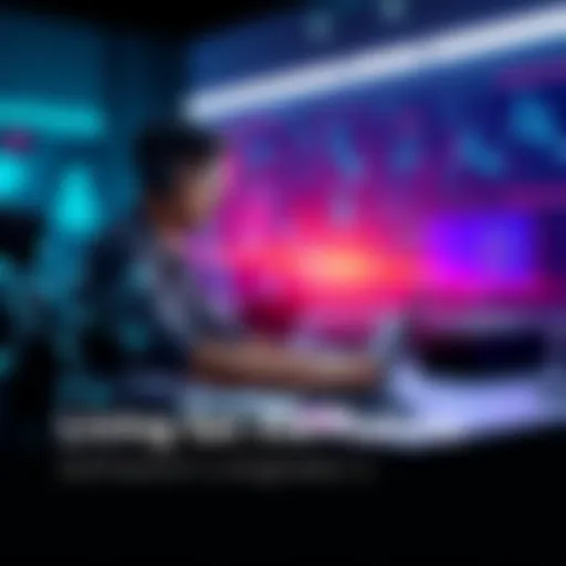 A software engineer sits at a desk with a laptop, surrounded by digital coding symbols and AI graphics, illustrating the evolution of technology.