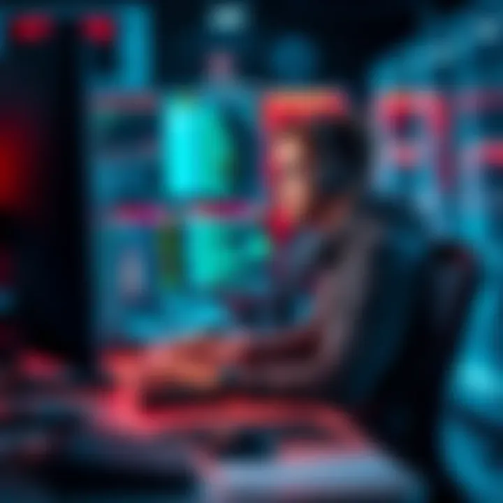 A software engineer sitting at a desk with multiple screens, looking focused and thoughtful while coding.