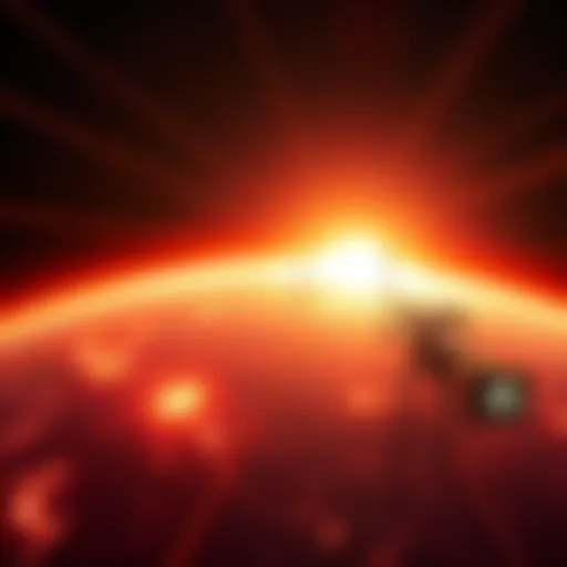 A visualization of a solar flare affecting satellite communications and power lines on Earth.