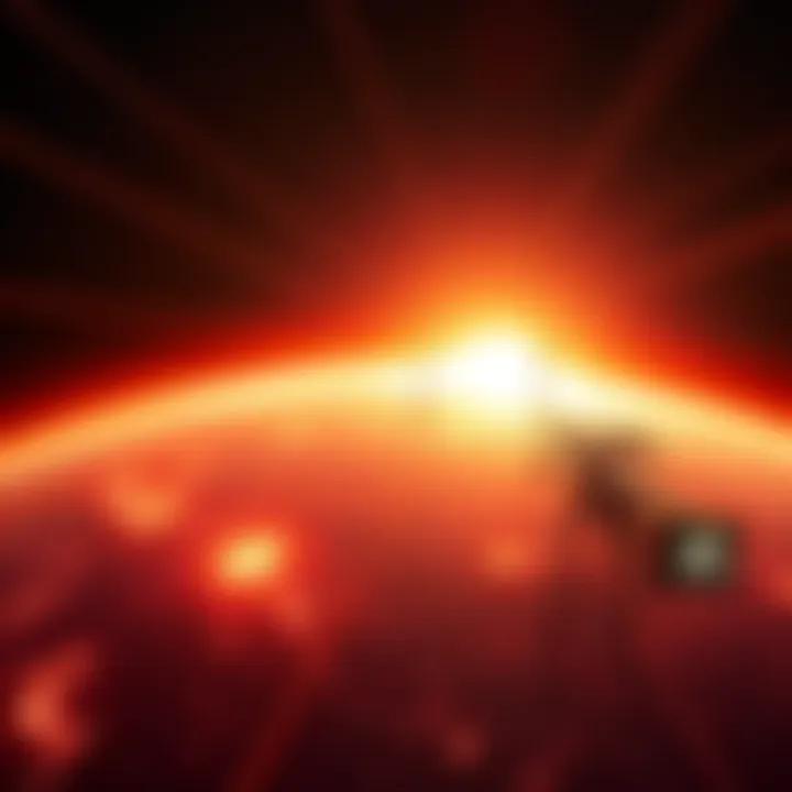 A visualization of a solar flare affecting satellite communications and power lines on Earth.
