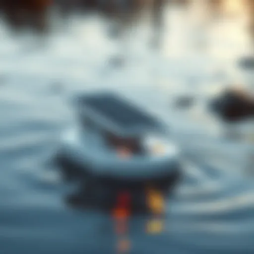 A solar-powered device with float sensors that detects rising flood water and triggers alarms, positioned in a vulnerable area like a campground.