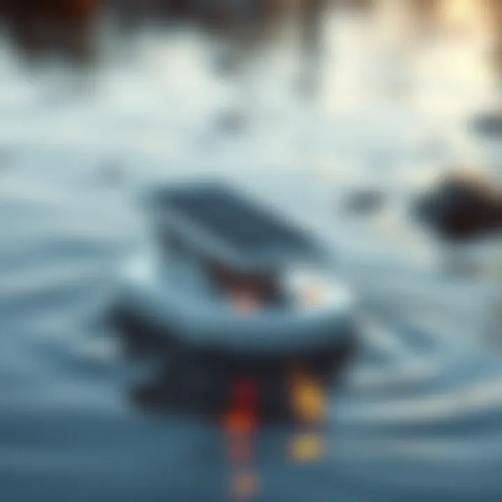 A solar-powered device with float sensors that detects rising flood water and triggers alarms, positioned in a vulnerable area like a campground.