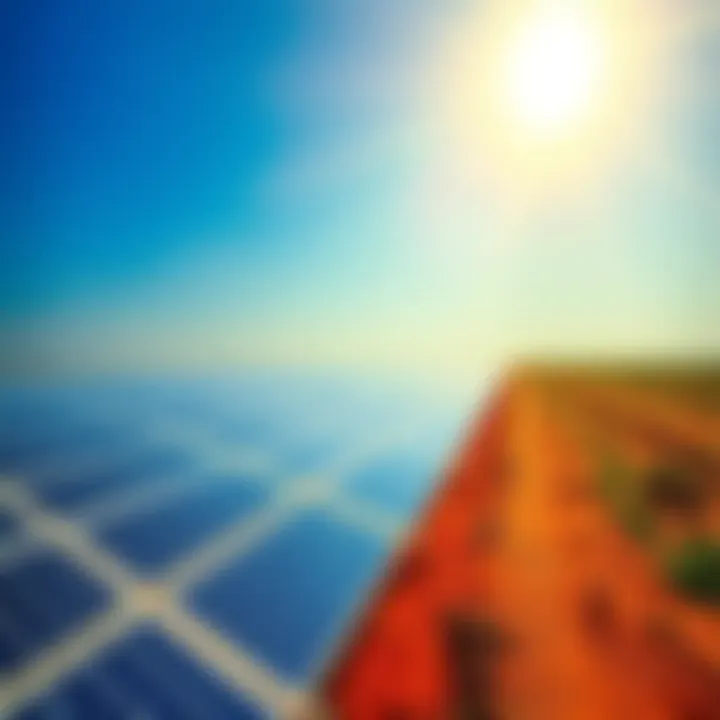 A vast field of solar panels under a bright sun, symbolizing India's plan to increase solar energy production by 2035.