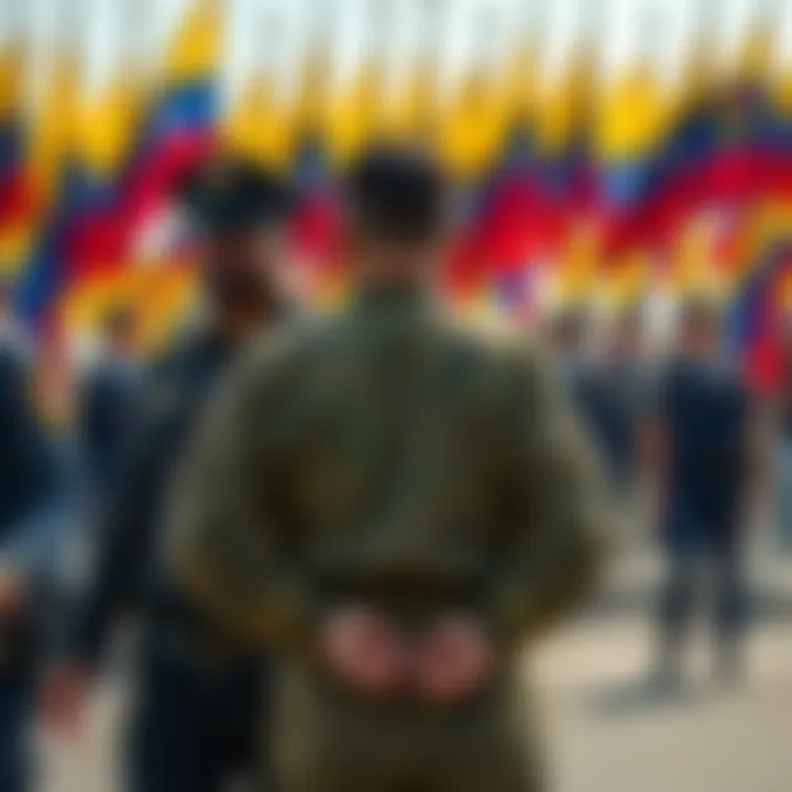 A soldier in handcuffs being escorted by law enforcement, with a backdrop of Venezuelan flags