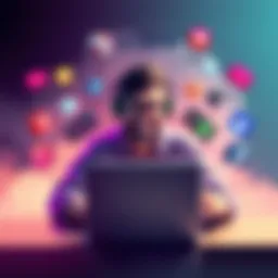 A solo game developer celebrating 10,000 wishlists on Steam, showcasing their game on a laptop with social media icons around them.