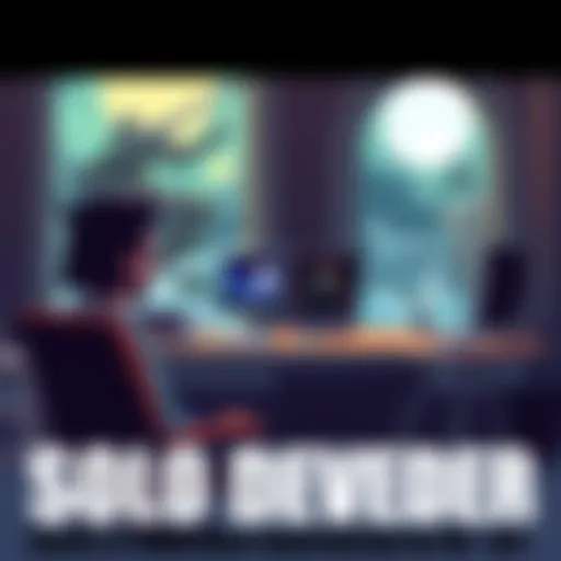 A solo developer sitting at a desk with a computer, creating pixel art for a dark fantasy 2D action RPG, featuring combat graphics and level design elements.