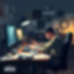 A solo game developer sitting at a cluttered desk, looking frustrated while working on a computer with sketches and notes scattered around, representing level design challenges.