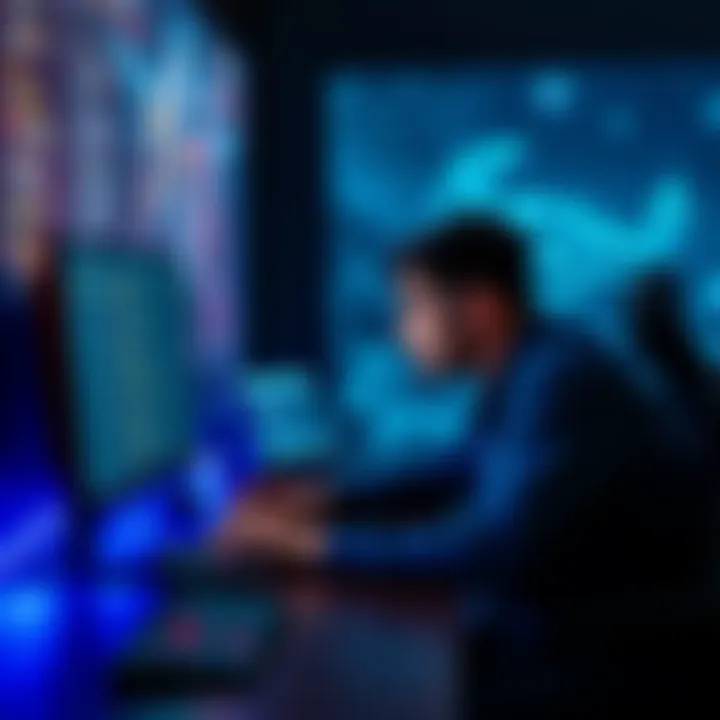 A solo game developer works intently at his computer, with code on the screen and gaming artwork around him, showing determination and creativity.