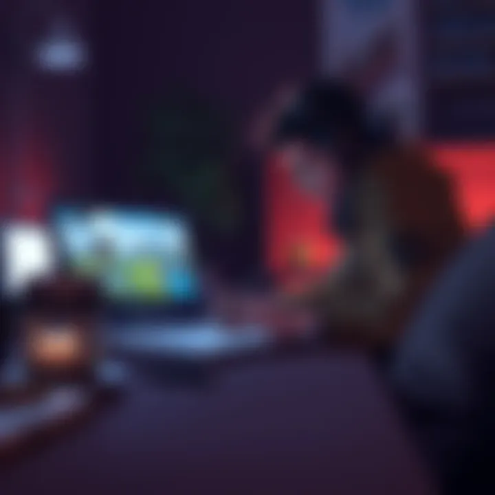 A solo developer sketches pixel art characters and landscapes for a 2D action RPG on a laptop in a dimly lit room.