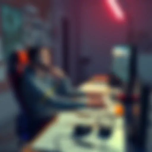 A game developer sits at a desk, focused on coding while sketches of characters and environments are scattered around.