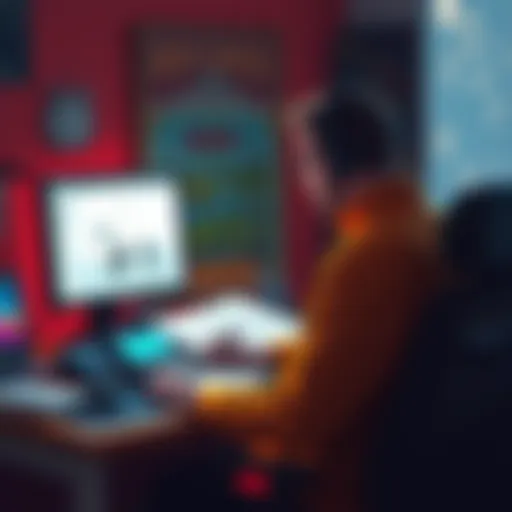 A solo game developer sits at a desk with sketches and a computer, looking concerned about game comparisons while a vintage gaming poster hangs on the wall.