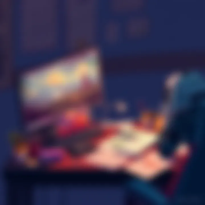 A solo developer focused on designing art and puzzles for a story-driven game, working on a computer with sketches and notes around them.